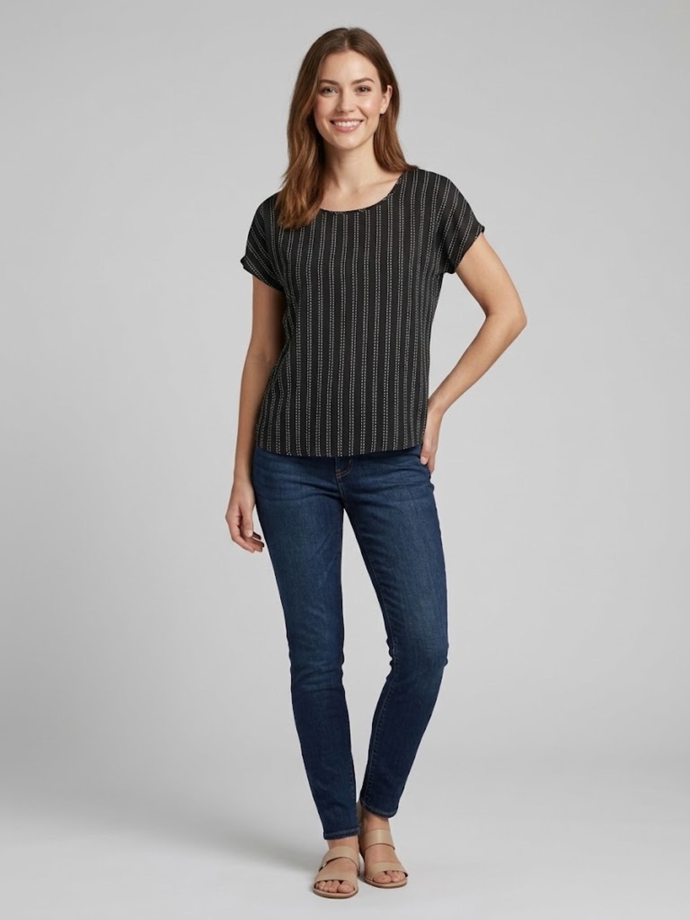 Striped Short-Sleeve Scoop Neck Top - Black